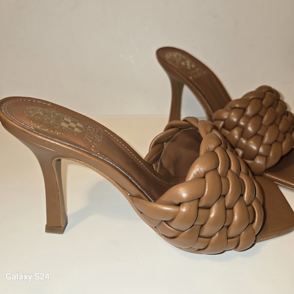Vince Camuto Brinela Mule Heels | Barn Brown Woven Leather |Square Toe - Picture 4 of 7